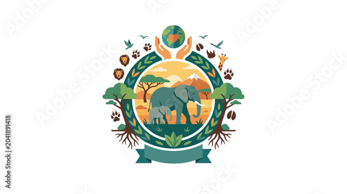 Photography African Wildlife Conservation Emblem with Elephants and Earth Icon
