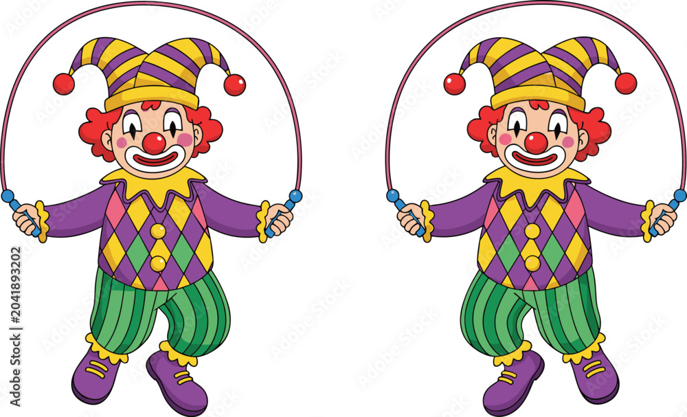 Naklejka premium Funny Cartoon Clown Character Vector Set Jumping Rope in Colorful Jester Costume for Circus Performance and Children Entertainment Designs