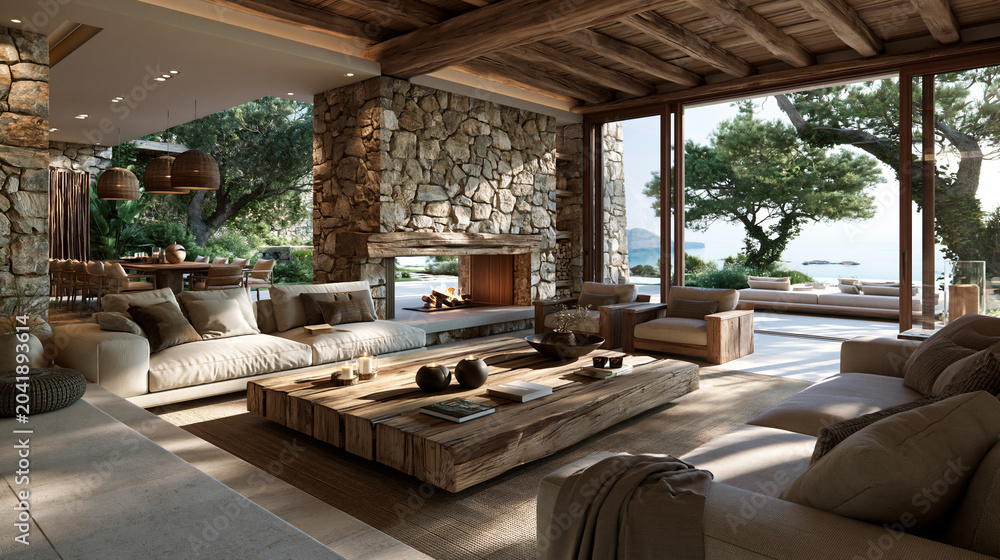 Fototapeta premium cozy mediterranean living room with natural stone and wood, rustic modern mediterranean interior design, warm mediterranean lounge with stone walls and wood accents
