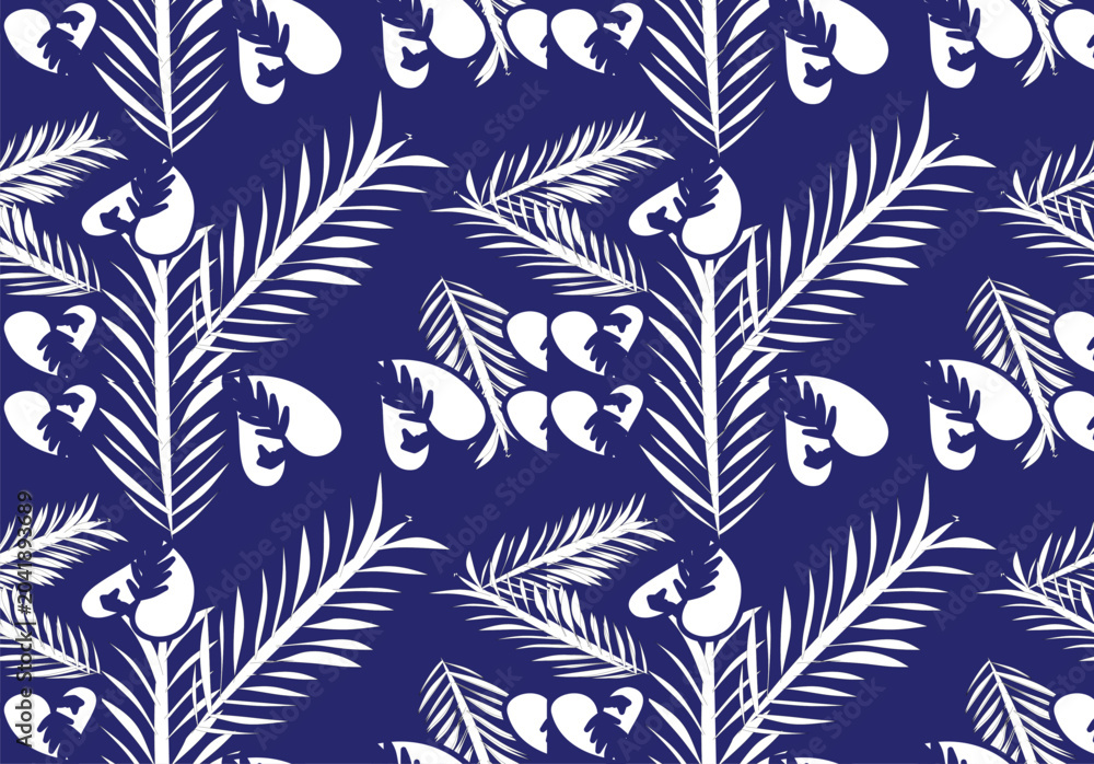 Fototapeta premium Seamless tropical pattern with stylized palm leaves and botanical elements in a high-contrast monochrome palette. Designed for textile printing, fashion applications, surface design.