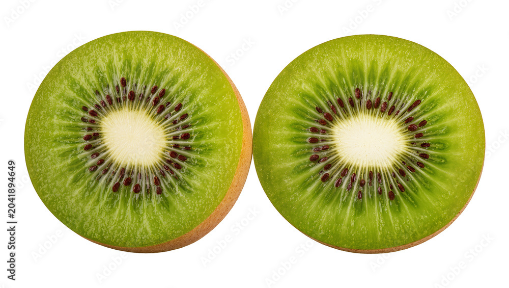 Fototapeta premium Two kiwi fruit halves showing green flesh and black seeds