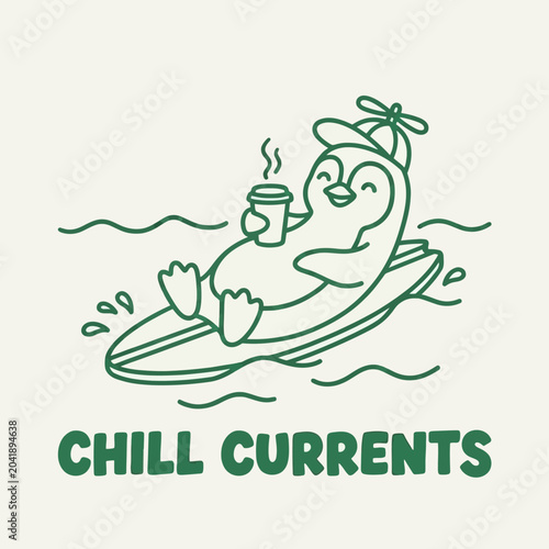 Smiling penguin on a surfboard relaxing.