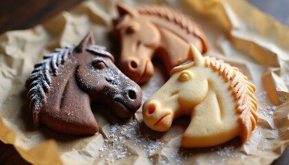 Three horse head cookies baked on parchment paper. Chocolate and vanilla dessert shapes dusted with powdered sugar. Sweet treat presentation for parties or equestrian events.