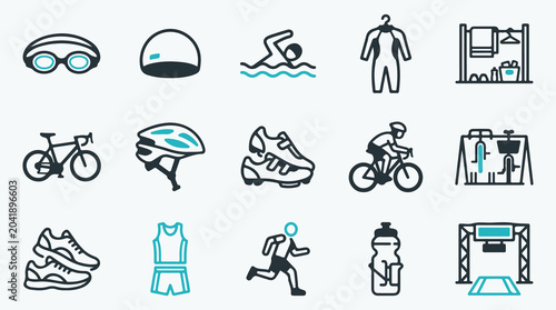 Photos Triathlon and Ironman Sports Icons Set with Swimming Cycling and Running Gear