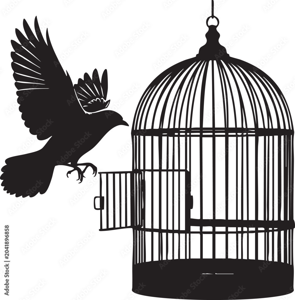 Fototapeta premium Black bird with wings spread flying out of an open wire cage open cage wire bars