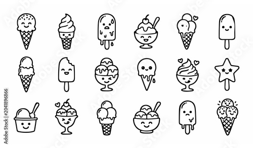 Hand drawn ice cream doodle outline icon set with minimal line art dessert symbols vector illustration isolated on white background