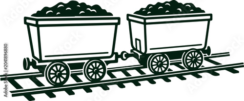 Tableau sur toile Two vintage mine carts filled with coal on railroad tracks, detailed illustration of mining equipment and industrial transport for minerals extraction