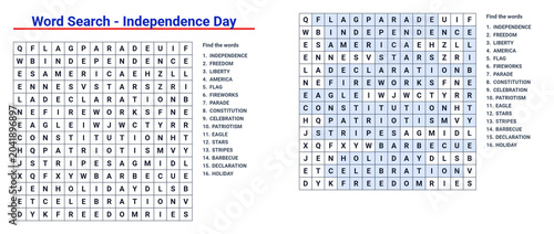 Word search puzzle with highlighted answers for Independence Day on transparent background.  Educational game for kids and adults  