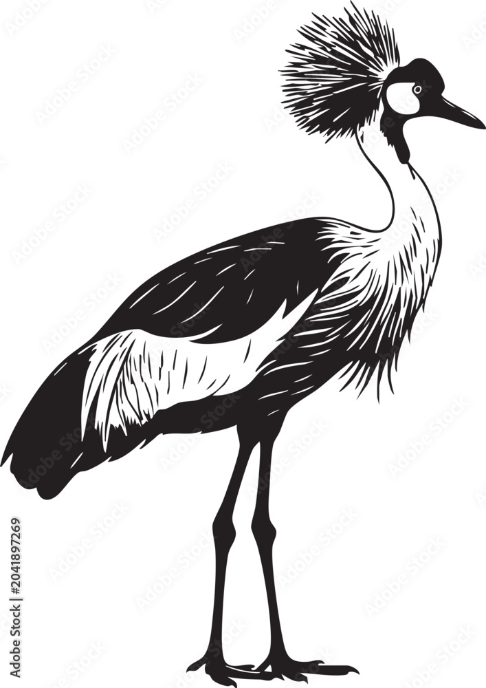 Fototapeta premium Black crested crane standing profile with tall golden feathers and dark plumage bird silhouette