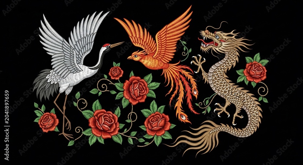 Obraz premium Mythical creatures dance amidst roses