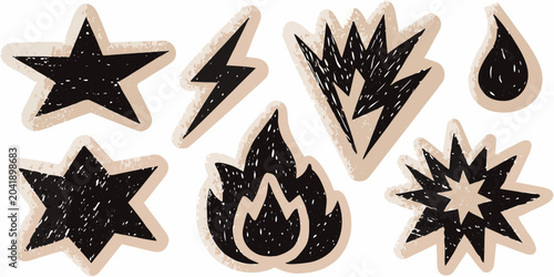 Photos set of hand drawn black sketchy stickers featuring various symbols hand drawn st
