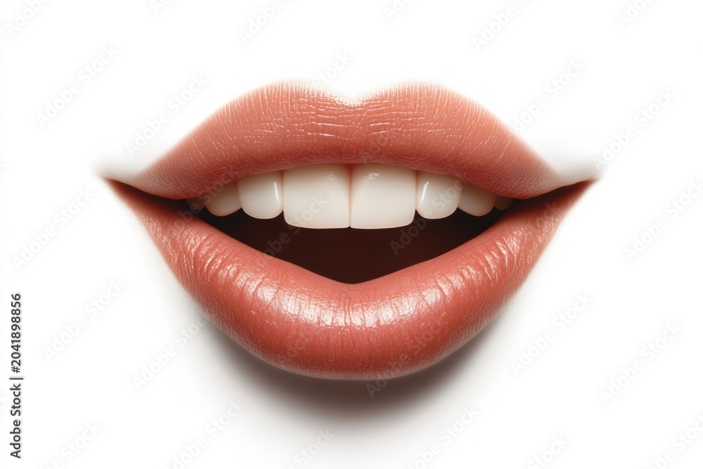 Fototapeta premium Close-up of lips showing smile and teeth with neutral background in bright light