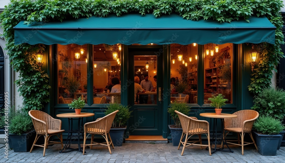 Fototapeta premium Outdoor cafe with wicker chairs and tables by green awning. People inside dine and chat, lit by warm lamps. Rich plants surround cozy street seating area. Evening ambiance.