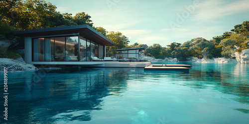 Crystal-Clear Lagoon with Floating Villa and Private Dock for Luxury Tropical Island Living and Resort Architecture