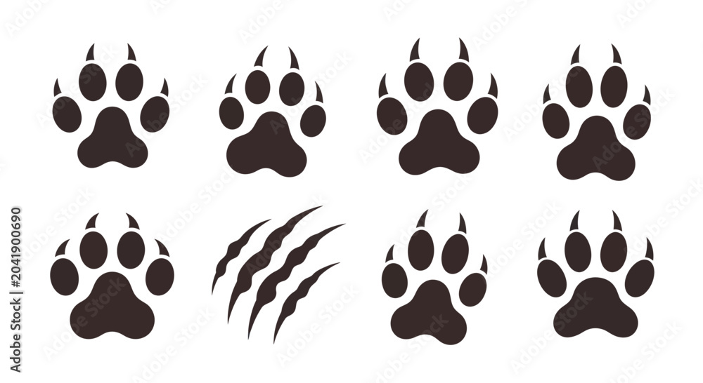 Fototapeta premium Collection of Animal Paw Prints and Claw Marks Icons.