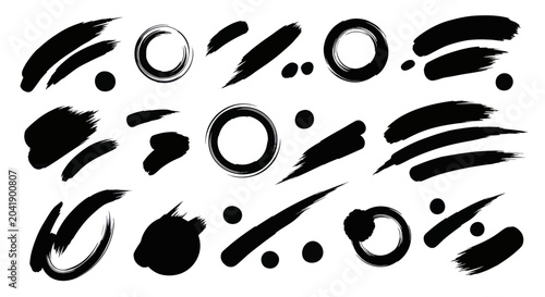 Fényképezés Collection of Black Brush Strokes and Circles Abstract Elements.