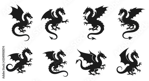 Cuadro en lienzo Collection of Black Dragon Silhouettes with Wings and Claws.