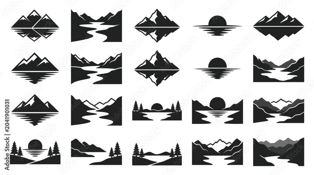 Fototapeta premium Collection of minimalist mountain and nature landscape logos with reflections.