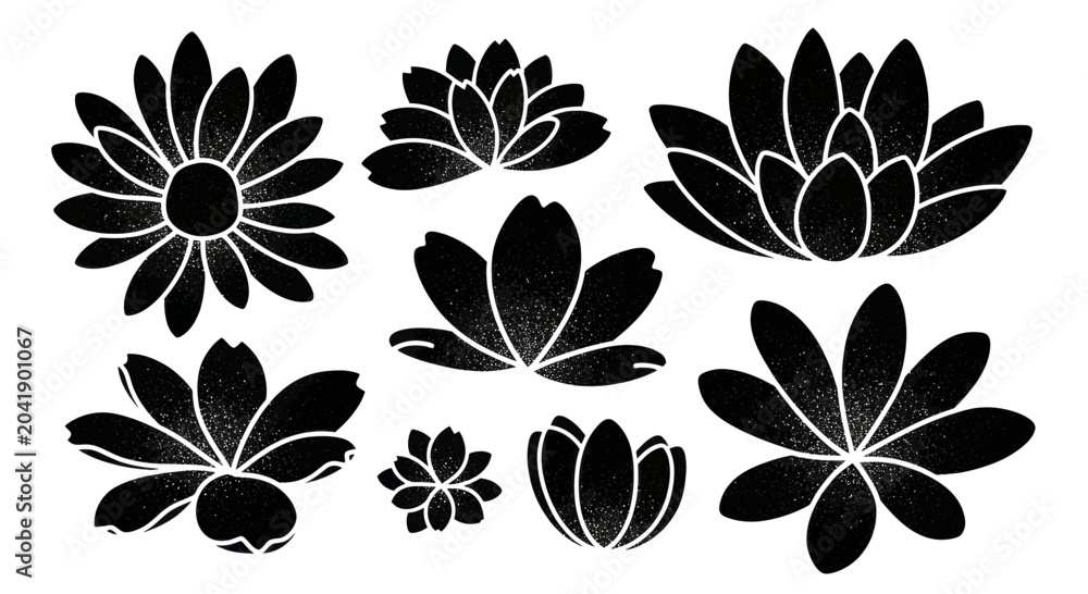 Obraz premium Collection of Black Flower Silhouettes on White Background.