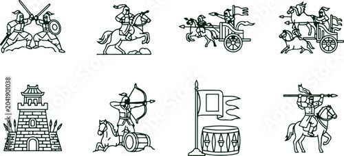 Cuadro en lienzo Collection of ancient chinese warriors, chariots, cavalry, and siege weapons in historical battle scenes