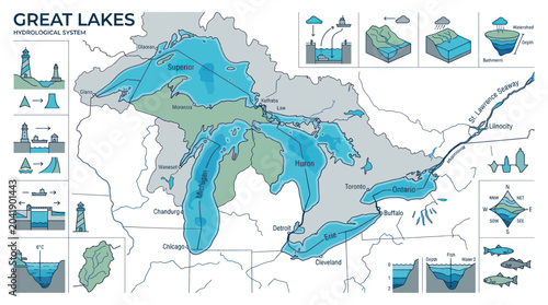 Great Lakes Hydrological System Map: Water Cycle, Watershed, and Ecosystem