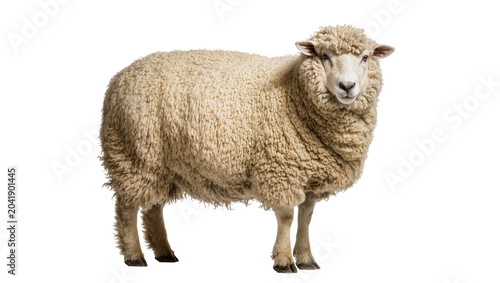 Fényképezés Fluffy sheep with thick wool standing on white
