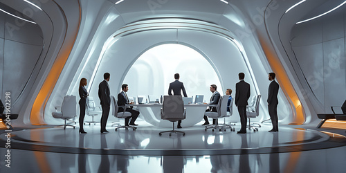 C-Suite Meeting in Minimalist Futuristic Workspace for Executive Leadership and Corporate Strategy Planning