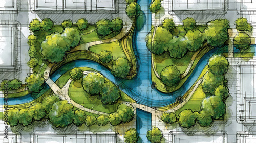 Urban park and waterway landscape architecture master plan. Featuring green spaces. Pedestrian paths. Trees. And buildings