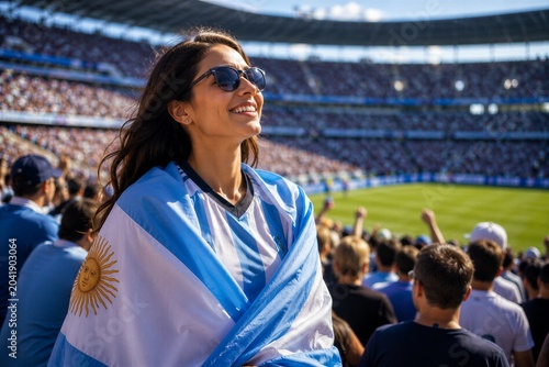 Happy woman supporter wrapped in Argentina flag at soccer stadium. Fan watching professional football match during championship. Sport emotion, stadium atmosphere and tournament energy