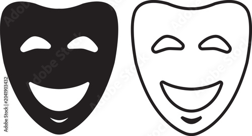Happy theater mask icon in solid and outline style comedy performance symbol for acting entertainment stage expression isolated on transparent background vector design