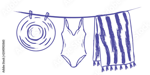 Hand drawn illustration of beach items hanging on a clothesline including a sun hat, swimsuit, and striped towel