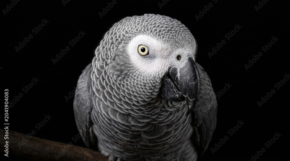 Fototapeta premium Stunning Portrait of an African Grey Parrot on Black Background, Detailed Feathers and Intelligent Eye Expression, High Contrast Dramatic Studio Lighting Nature Photography