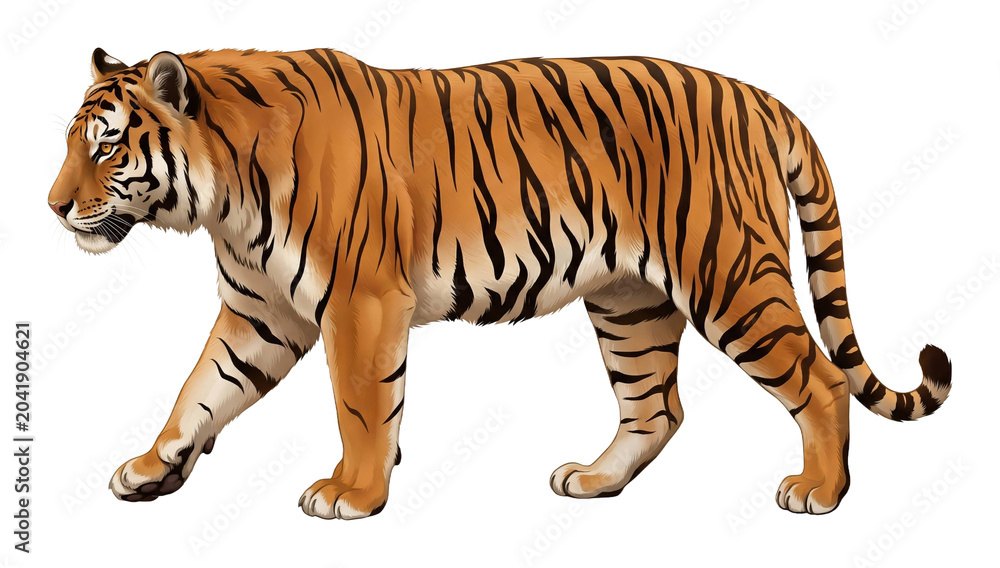 Obraz premium Majestic tiger walking in nature wildlife illustration vibrant environment close-up isolated on transparent background