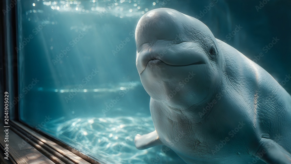 Fototapeta premium Curious Beluga Whale Near Glass Tank in Aquarium