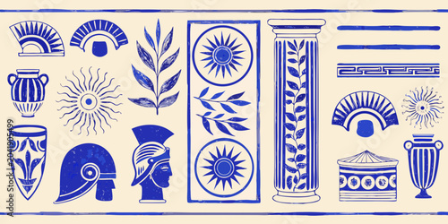 vintage greek culture icons blue silhouette on cream background helmets spear sun