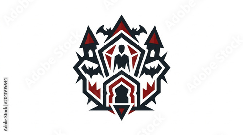 Fotografie Gothic Castle Emblem with Bat Silhouettes and Human Figure.