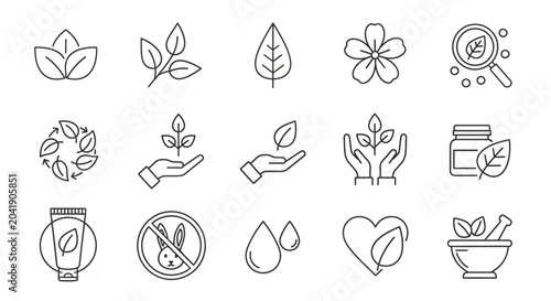 Natural organic cosmetics line icons, 15 vegan skincare and herbal beauty symbols, eco friendly botanical product vector set for packaging