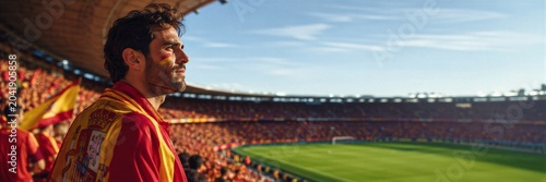 Man watching soccer match at stadium. Spanish fan wearing football jersey and face paint, supporting national team during sports event. Banner with copy space