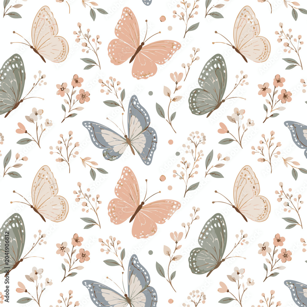 Fototapeta premium Whimsical butterfly pattern, pastel floral design, colorful insect motifs, seamless texture