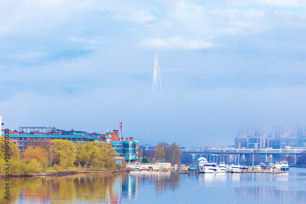 Fototapeta premium View of the Neva River and Lakhta Center from Elagin Island.