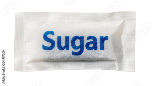 Photos White sugar packet with blue text