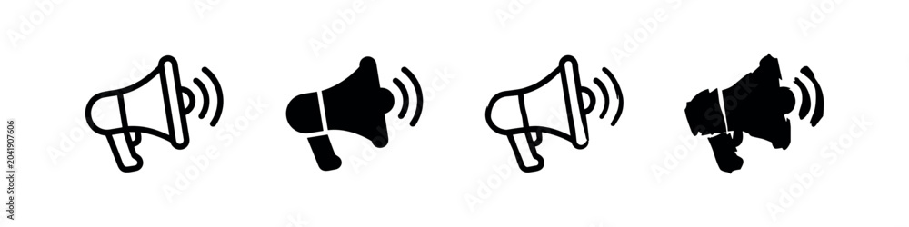 Fototapeta premium Megaphone and loudspeaker icon set with sound waves, symbolizing public announcement and communication.