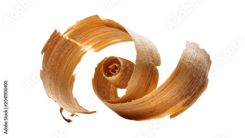 Fotografie Wood shaving curl with visible grain and texture