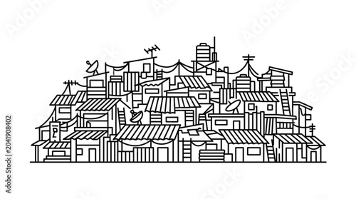 Foto Hand drawn illustration of a dense urban slum cityscape.