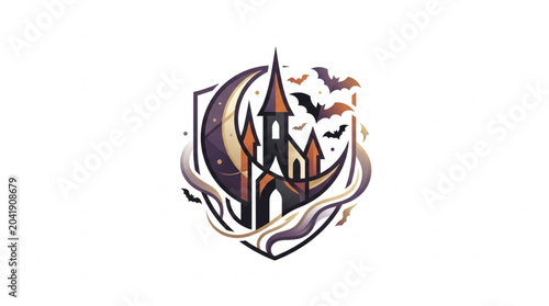 Фотография Halloween Castle Moon Bats Emblem Graphic Design.