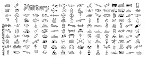 Bilde på lerret Military and army doodle icons set with weapons tanks aircraft and combat equipm
