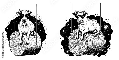 Fotografie Surreal cow in sunglasses sitting on hay bale in outer space galaxy cosmic humor
