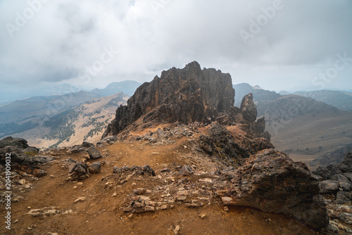 Rugged mountain landscape at Popocatépetl Mexico with rocky terrain and cloudy sky ideal for hiking and adventure travel