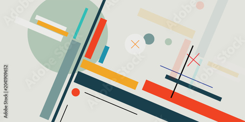 Canvas-taulu Abstract geometric composition with colorful lines, rectangles, and circles on a light background, evoking modern art