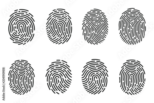 Foto Biometric fingerprint icon set, 8 vector thumbprint symbols for security authentication, identity verification and access control systems, simple outline style icons for web and mobile app design